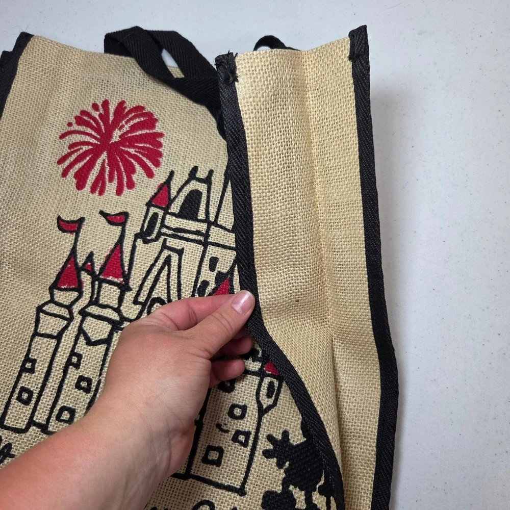 Walt Disney World Mickey Mouse Cinderella Castle Woven‎ Jute Tote Bag Tan